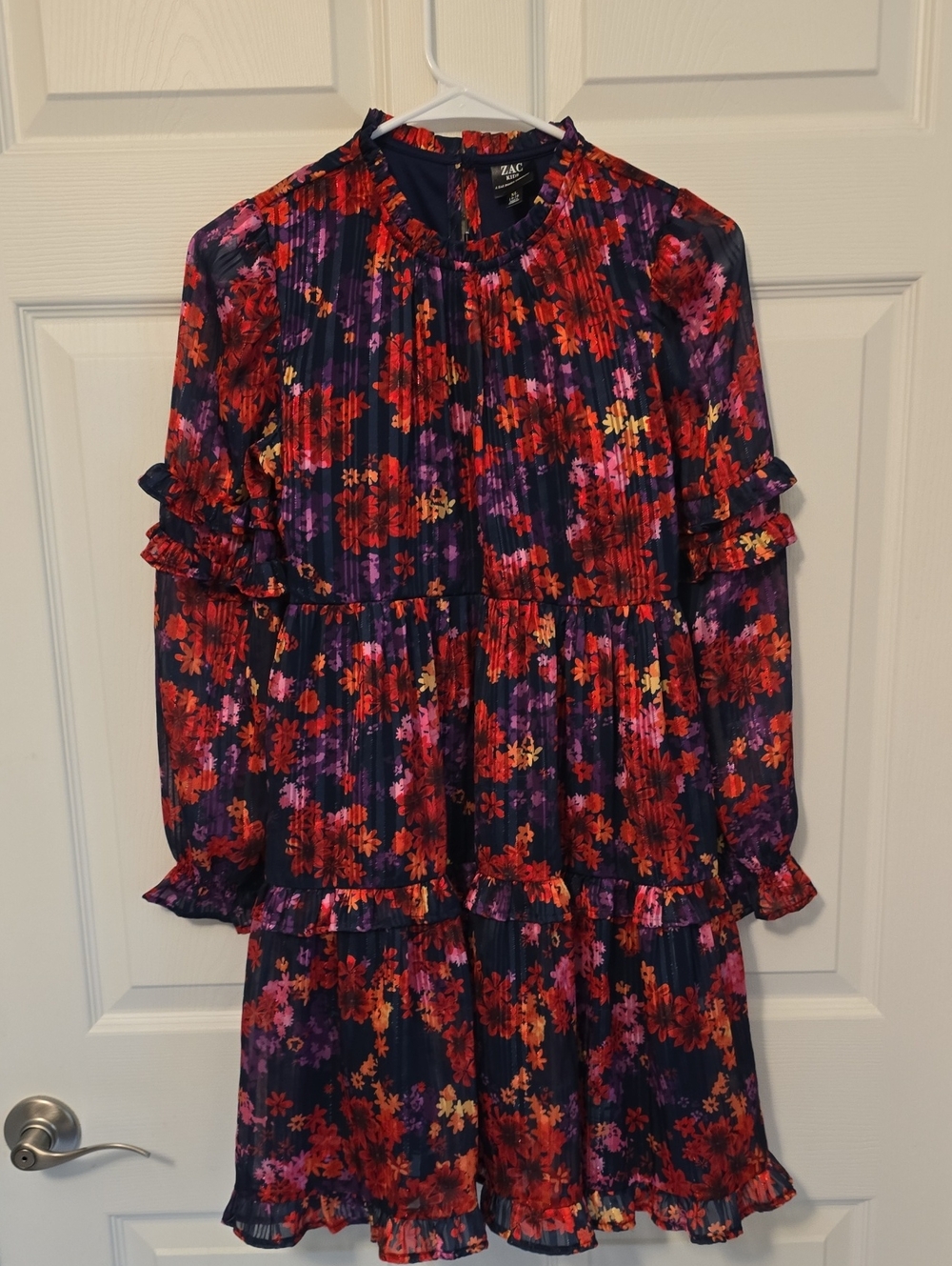Zac Posen Navy Floral Ruffle Tiered Dress - Red & Purple Floral Shiny Holiday